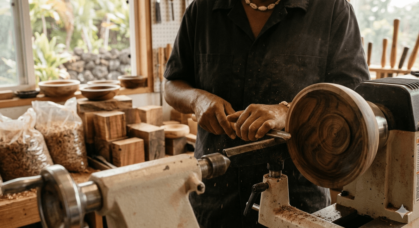 A craftsman shapes a wooden bowl on a lathe in a workshop filled with wooden blocks and tools, showcasing the artistry of woodworking.